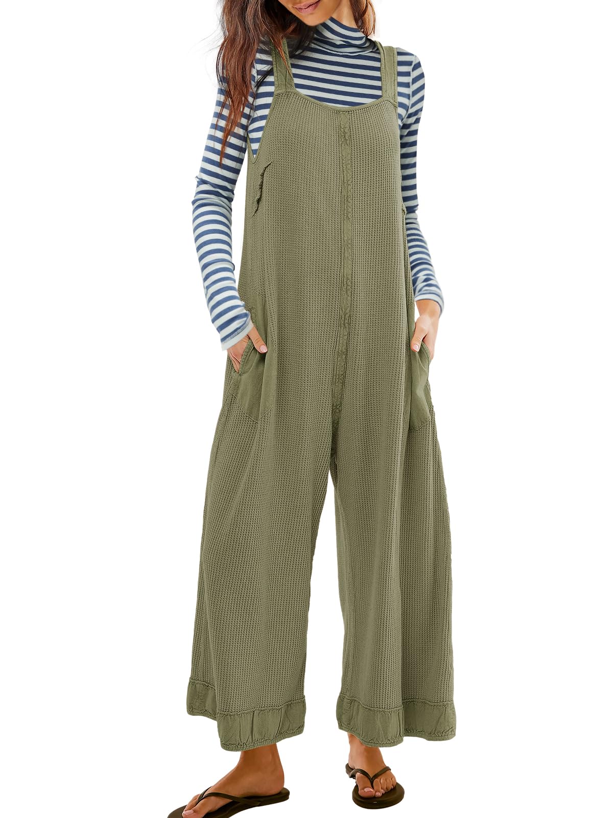 SENSERISE Women's Wide Leg Jumpsuit - Waffle Knit Open Back Romper with Pockets - Casual Loose Overalls for Summer, Beach, and Lounge Wear