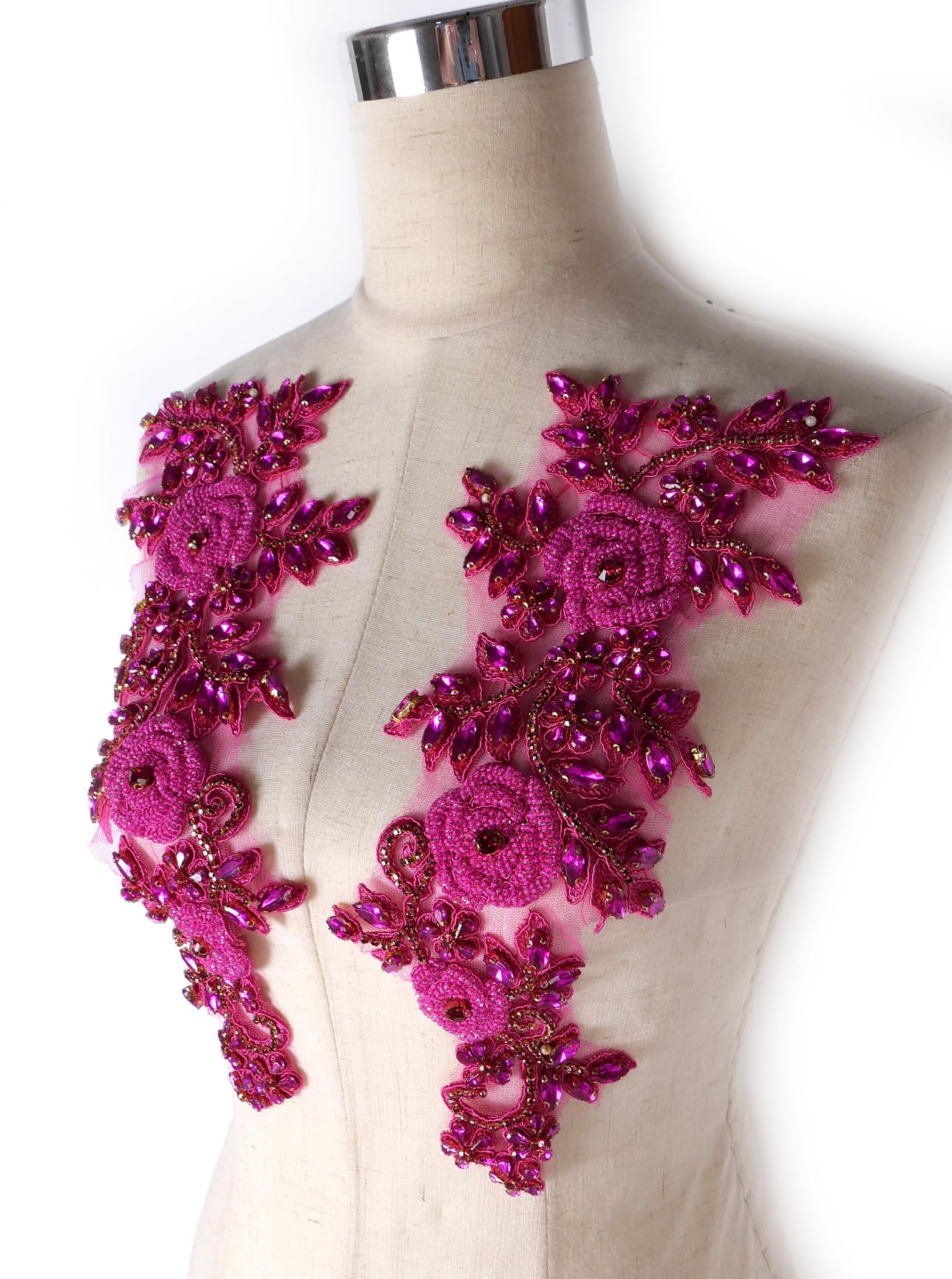 Handmade Beaded Rose Flower & Leaf Rhinestone Applique Pair - White & Clear for Prom Dress, Belt, Arts & Crafts, Sewing Decorations - Perfect for DIY Wedding, Bridal, and Evening Gown Embellishments