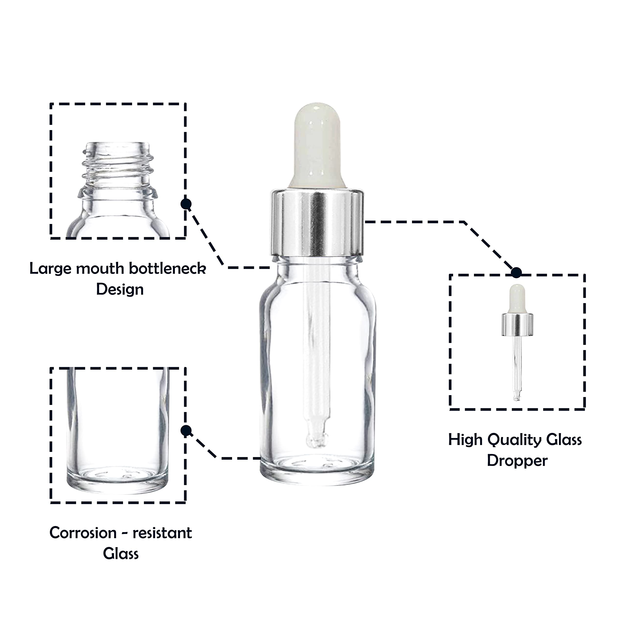 10ml Clear Empty Glass Bottle with Dropper & Silver Ring - Refillable Leakproof Essential Oil Perfume Container (Pack of 3) | Perfect for DIY Aromatherapy, Travel & Gift Sets