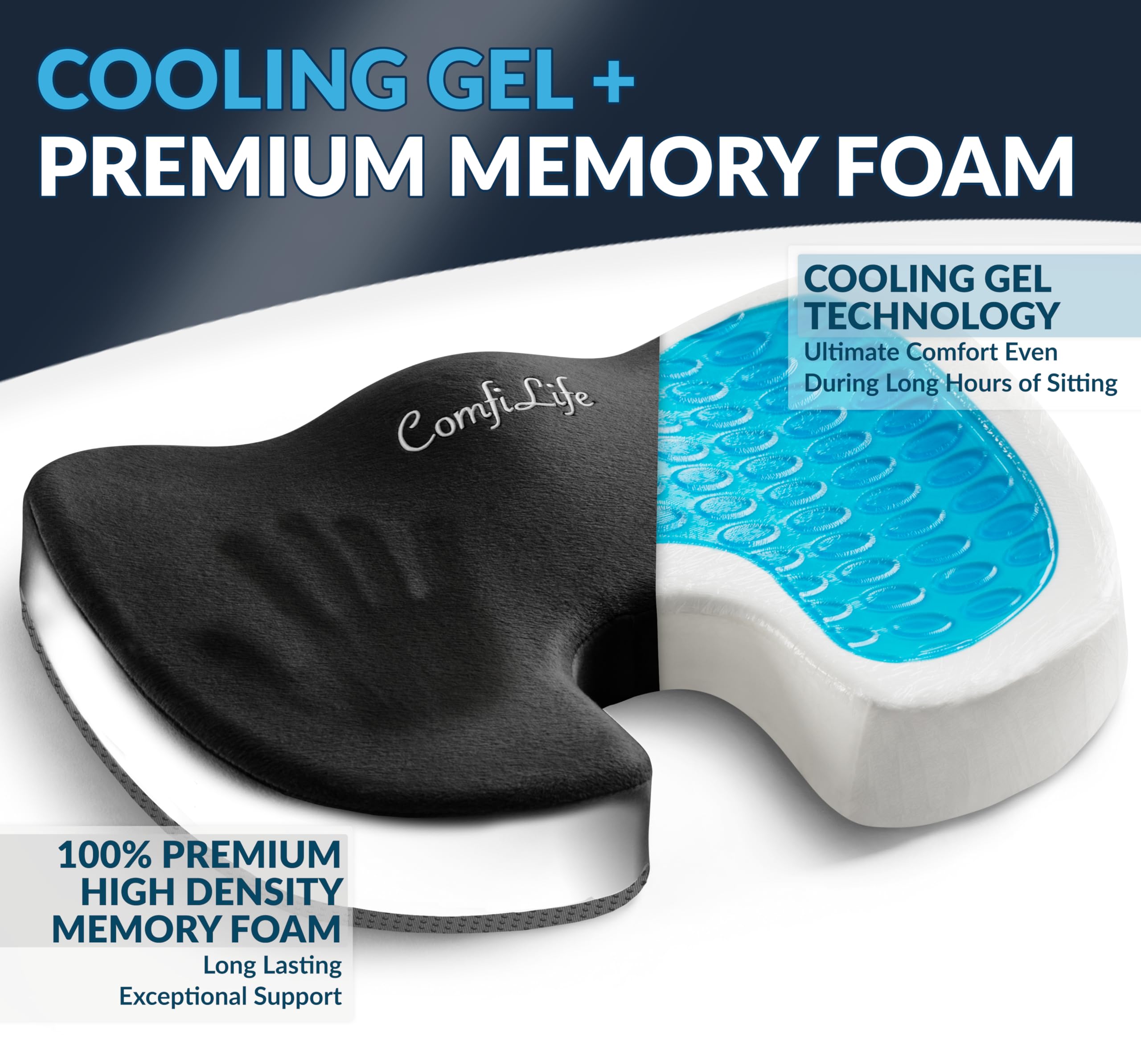 ComfiLife Premium Gel & Memory Foam Seat Cushion for Office Chair & Car - Orthopedic Support for Back Pain & Sciatica Relief - Doctor Recommended Ergonomic Seat Cushion for Desk Work, Long Driving & Home Use (Black)