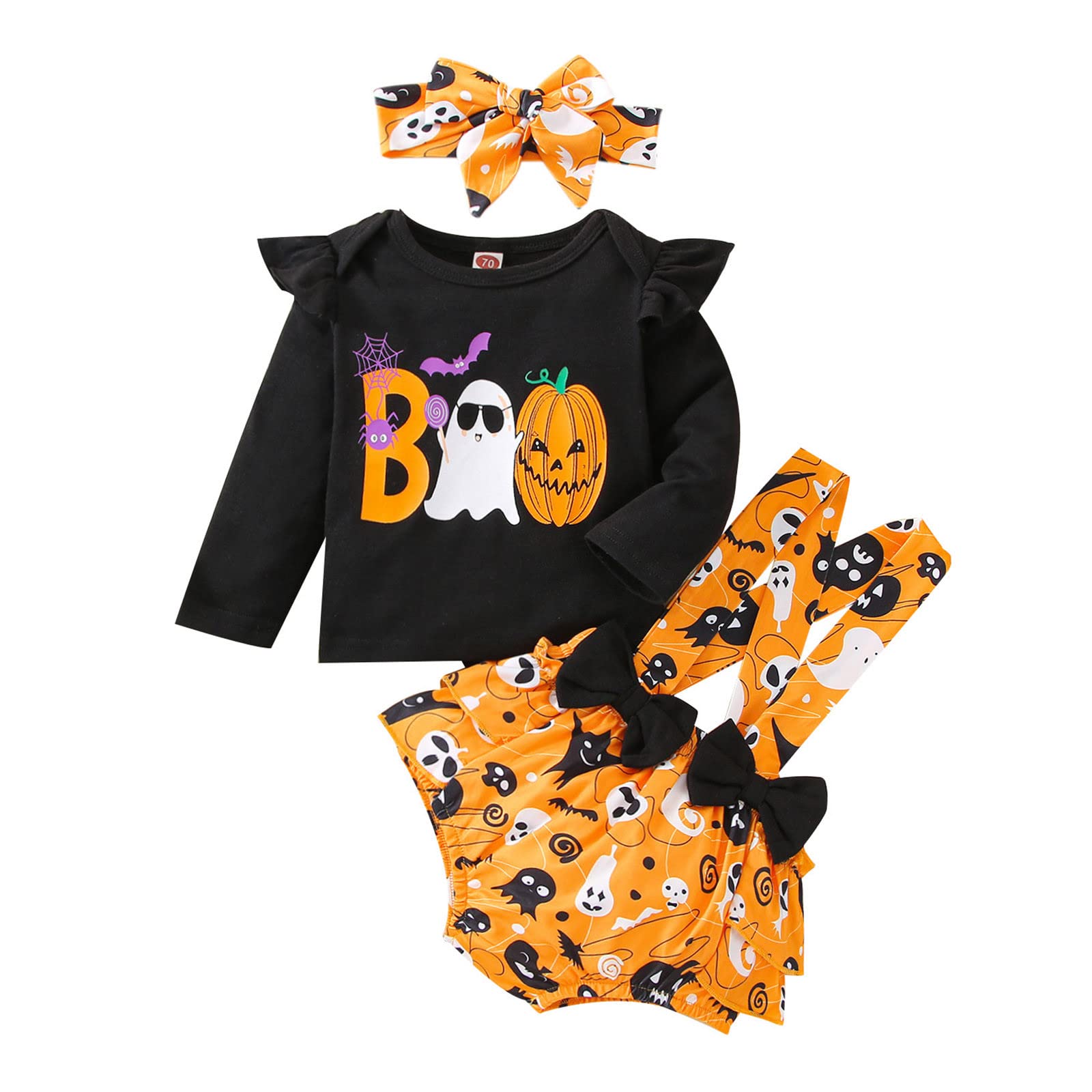 PATOPO Baby Girl Halloween Outfit - Cute Pumpkin Print Long Sleeve T-Shirt with Suspenders Overalls & Ruffled Shorts Set - Perfect for Halloween Costume, Photoshoot, and Autumn Festival Party