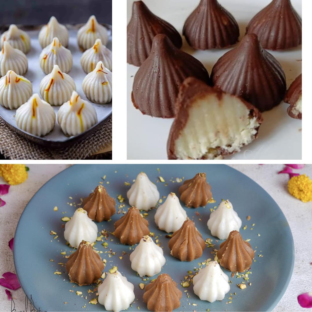Premium Plastic Prasad Laddoo Spoons & 6-Cavity Silicone Modak Molds Set - Eco-Friendly Diwali Sweets Tools for Ganesh Chaturthi, Chocolate Filling, Mithai, Cake Decorating & Indian Festival Cooking