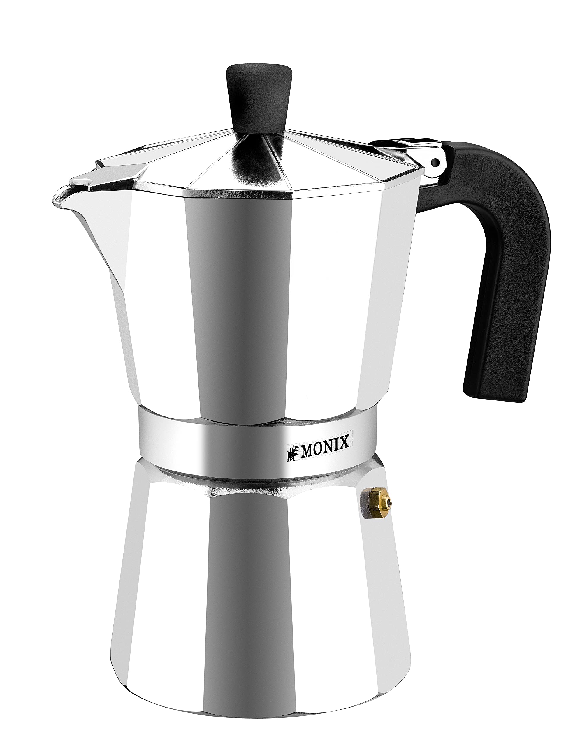 Monix Vitro Express Italian Aluminum Stovetop Espresso Maker - 3 Cup, Silver - Perfect for Home, Office & Camping Coffee Brewing