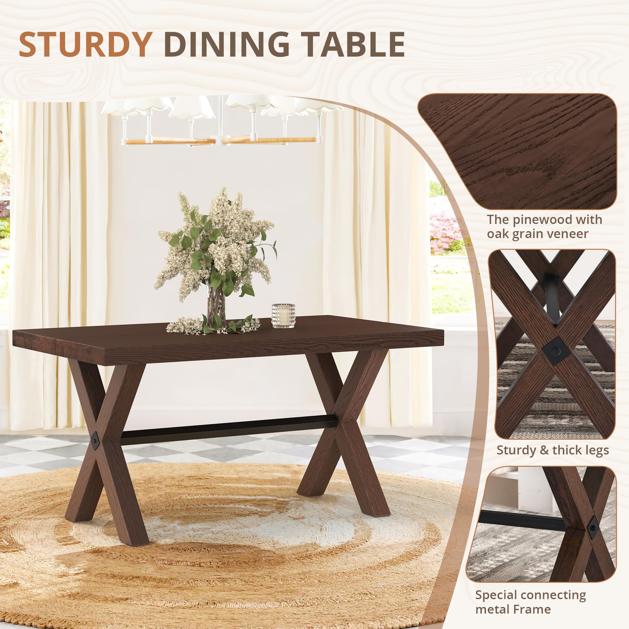 LUE BONA 59 Inch Solid Wood Farmhouse Dining Table for 6-8 People, Heavy Duty Rectangular Kitchen Table with Natural Oak Grain - Perfect for Family Gatherings, Dinner Parties & Cozy Home Dining Rooms (Brown)