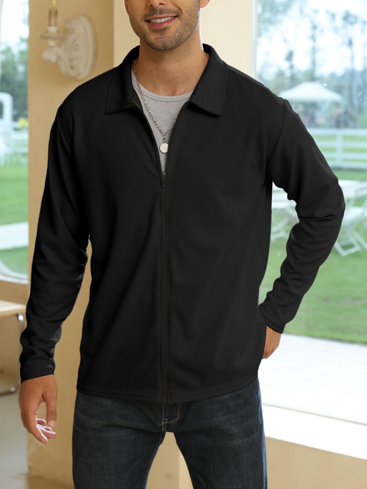 PICKLION Men's Casual Cardigan Sweater - Laydown Collar, Zipper Front, Solid Color Long Sleeve Waffle Knit Jacket | Perfect for Office, Date Night & Fall Layering