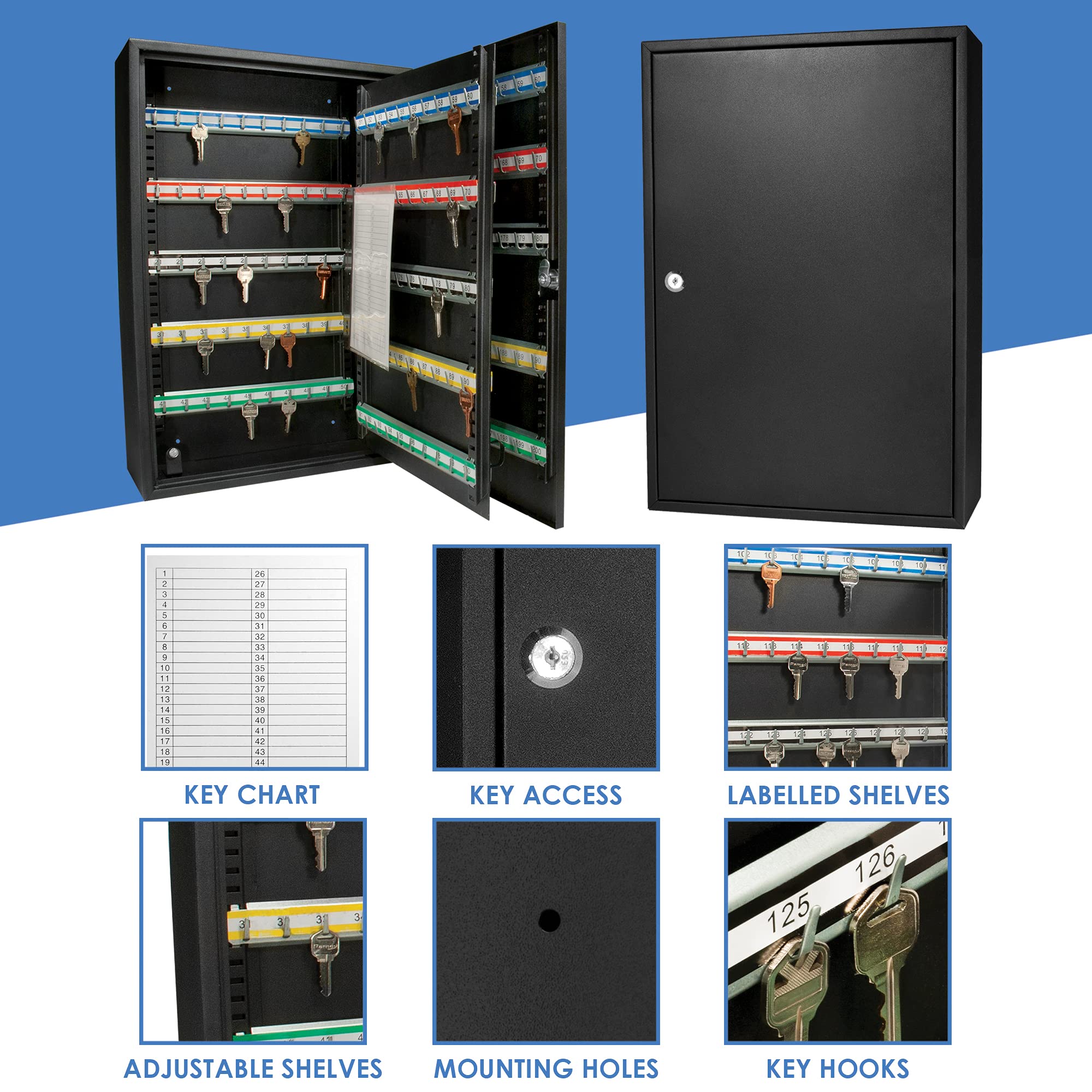 Barska AX11824 Medium Black Key Lock Box - 200 Position Adjustable Key Cabinet for Home, Office & Storage Security (Wall Mountable)