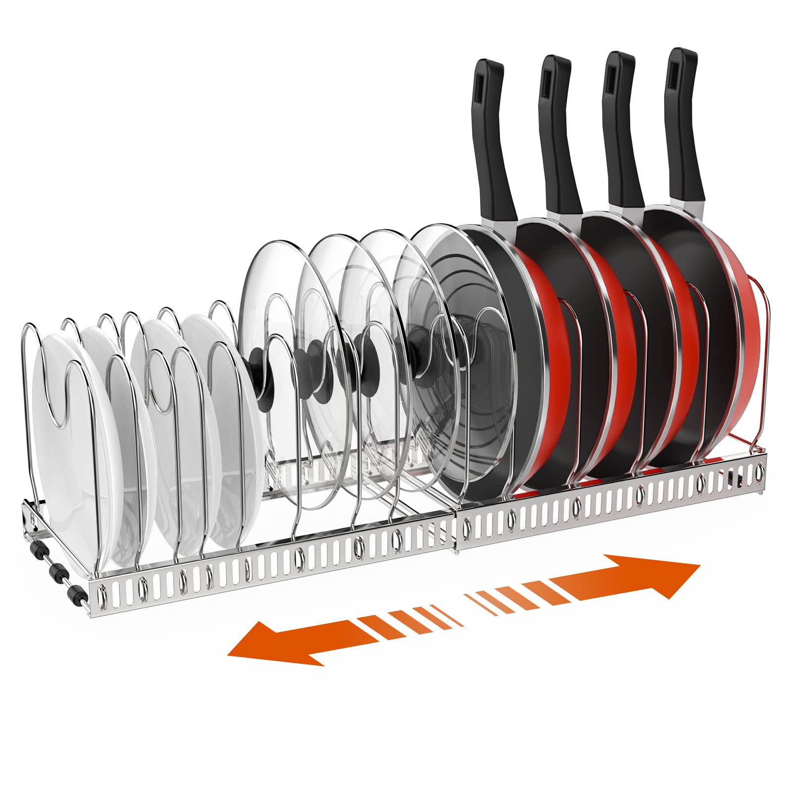 Stainless Steel Expandable Pot and Pan Organizer Rack for Cabinet - 14 Adjustable Dividers, Kitchen Storage Solution for Pots, Pans & Lids - Perfect for Small Spaces & Cluttered Kitchens