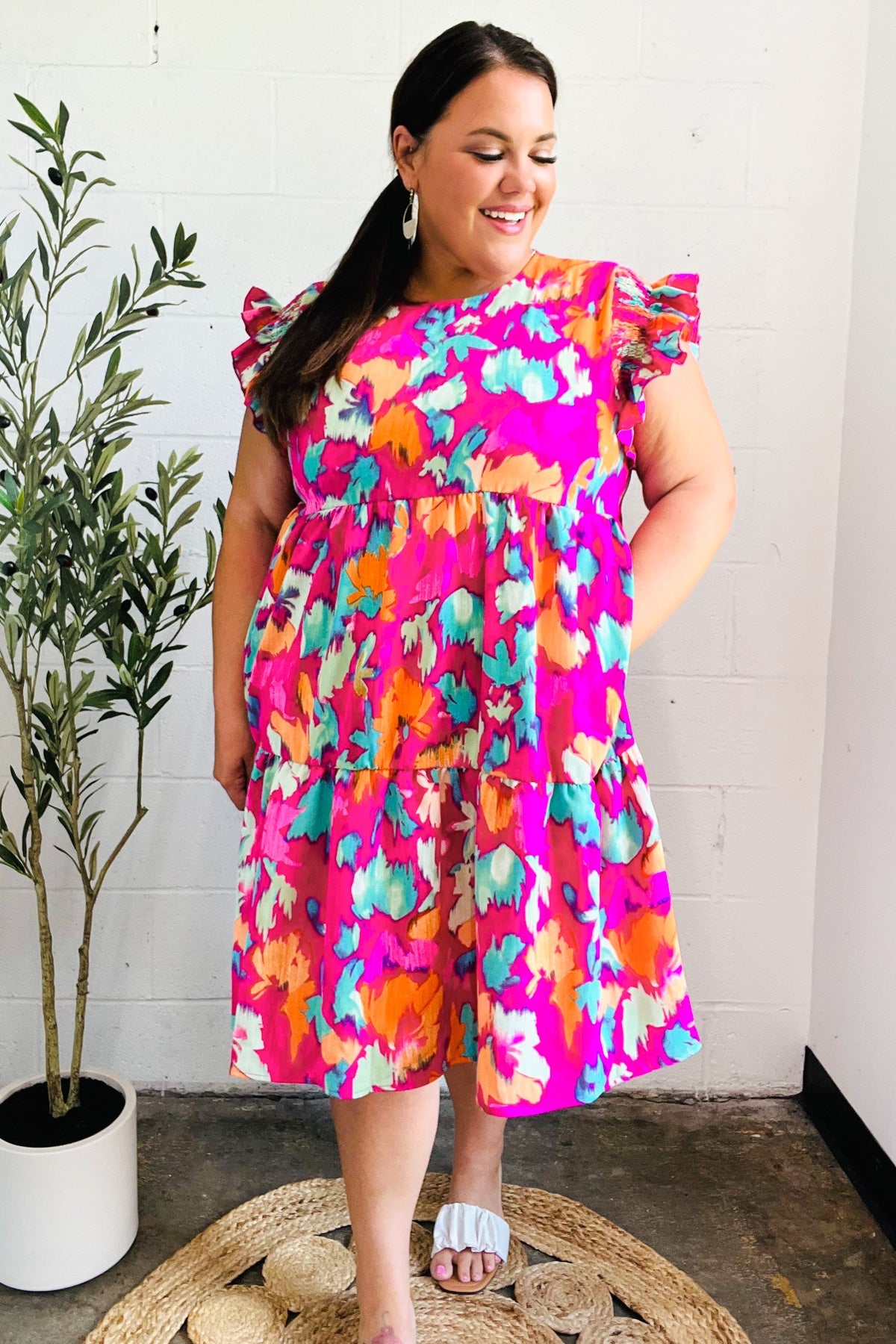 Look of Love Fuchsia Abstract Floral Print Smocked Ruffle Sleeve Dress - Elegant Women's Party & Wedding Guest Dress for Special Occasions