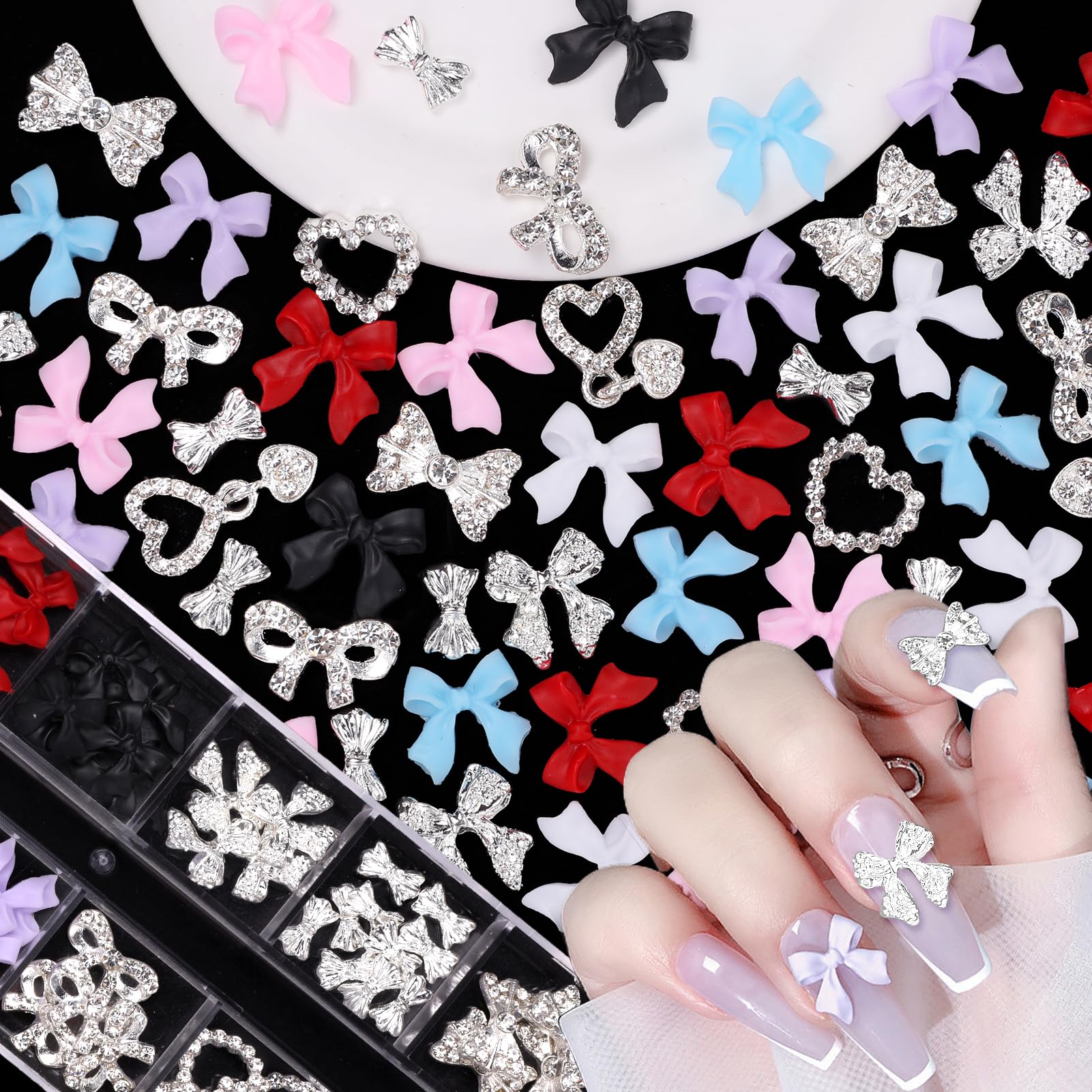 3D Bow Nail Charms - Silver Alloy Heart Dangle Gems for DIY Nail Art