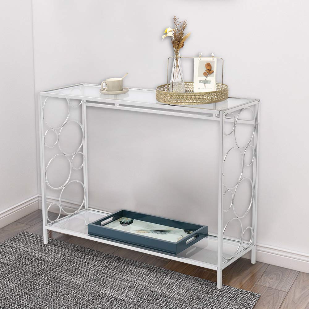 Goujxcy Modern Console Table with Metal Frame & Glass Top - Entryway Sofa Table with Shelf for Living Room, Hallway, or Bedroom - Perfect for Home Decor & Small Space Organization