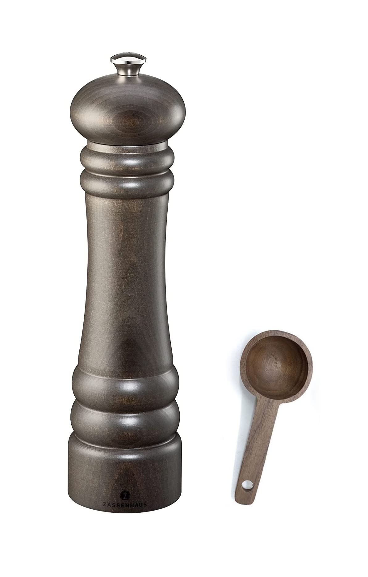 Premium Zassenhaus Berlin Dark Stained Wood Pepper Mill Gift Set - 9.4 Inch Refillable Grinder with Wooden Spice Scoop - Perfect for Kitchen, Dining Table & Gourmet Cooking Gifts