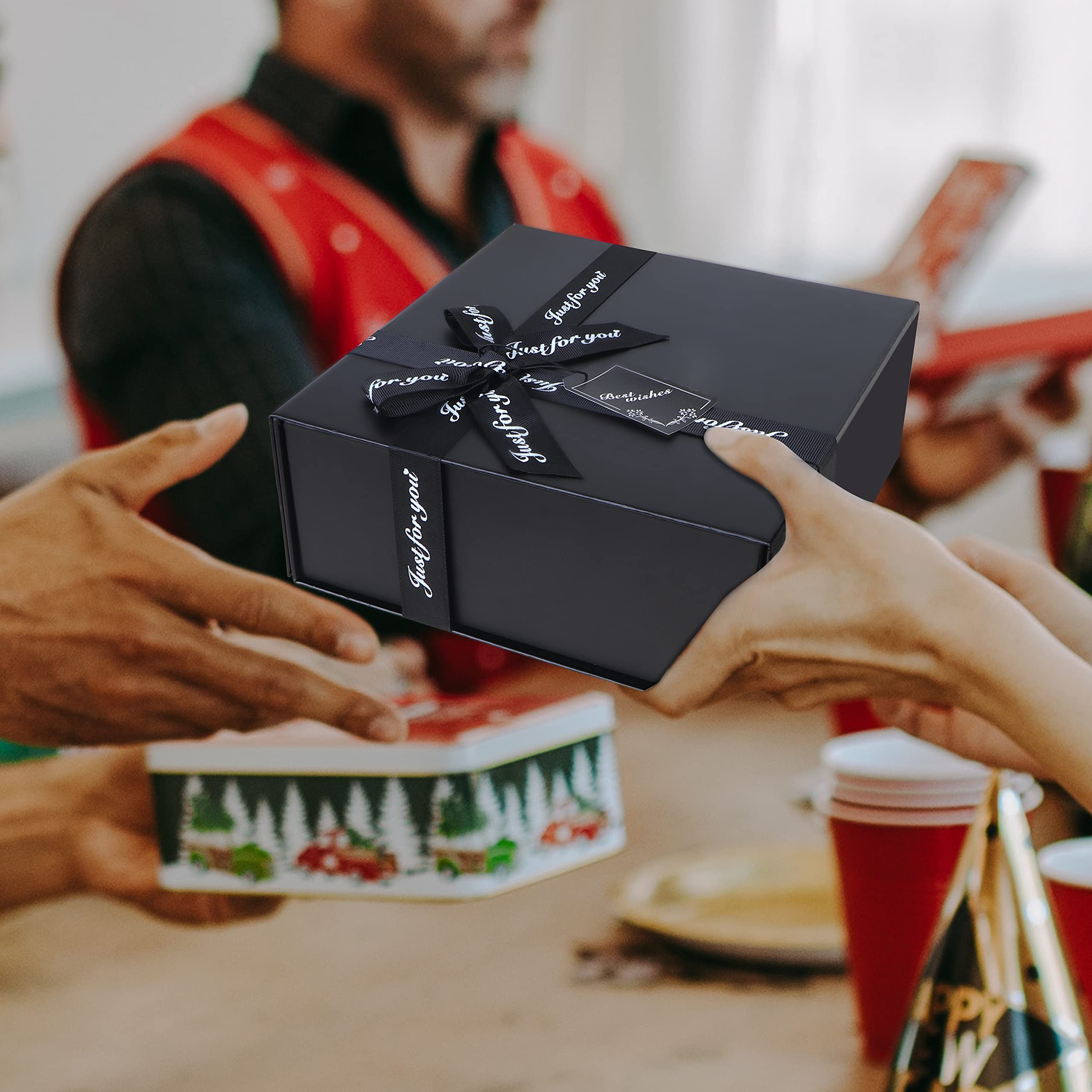 Elegant Black Gift Box with Bow - 9.05×8.85×3.54 Inches Decorative Present Box for Bridesmaid Proposals, Weddings, Halloween, Thanksgiving, Christmas & Children's Day - Perfect for Jewelry, Cosmetics & Special Occasion Gifts