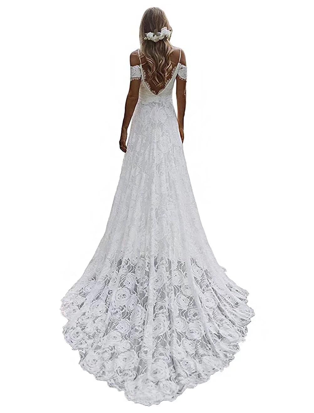 Bohemian Mermaid Wedding Dress Lace Bridal Gown with Pockets - Ivory Beach & Garden Wedding Dress for Outdoor Boho Brides