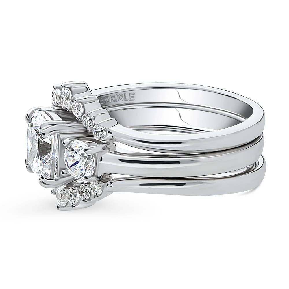 BERRICLE Sterling Silver 3-Stone Wedding & Engagement Ring Set - 2 Carat Cushion Cut Cubic Zirconia CZ Wishbone Design for Women, Rhodium Plated Size 4-10 - Perfect for Proposals, Anniversaries & Special Occasions