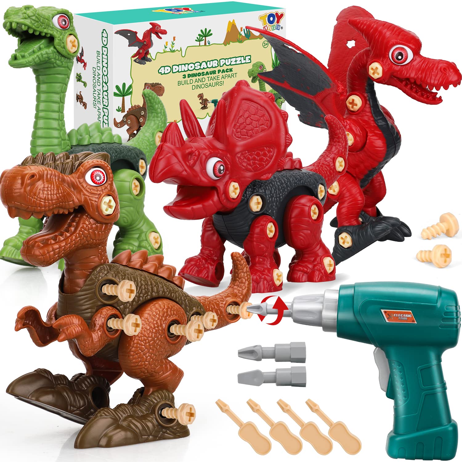 TOY Life 4-Pack Take Apart Dinosaur STEM Toys for Kids Ages 3-12 | Educational Building Construction Set with Tools | Preschool Learning Toys & Toddler Boys Gifts | Perfect for Birthday Parties, Classroom Activities & Creative Play