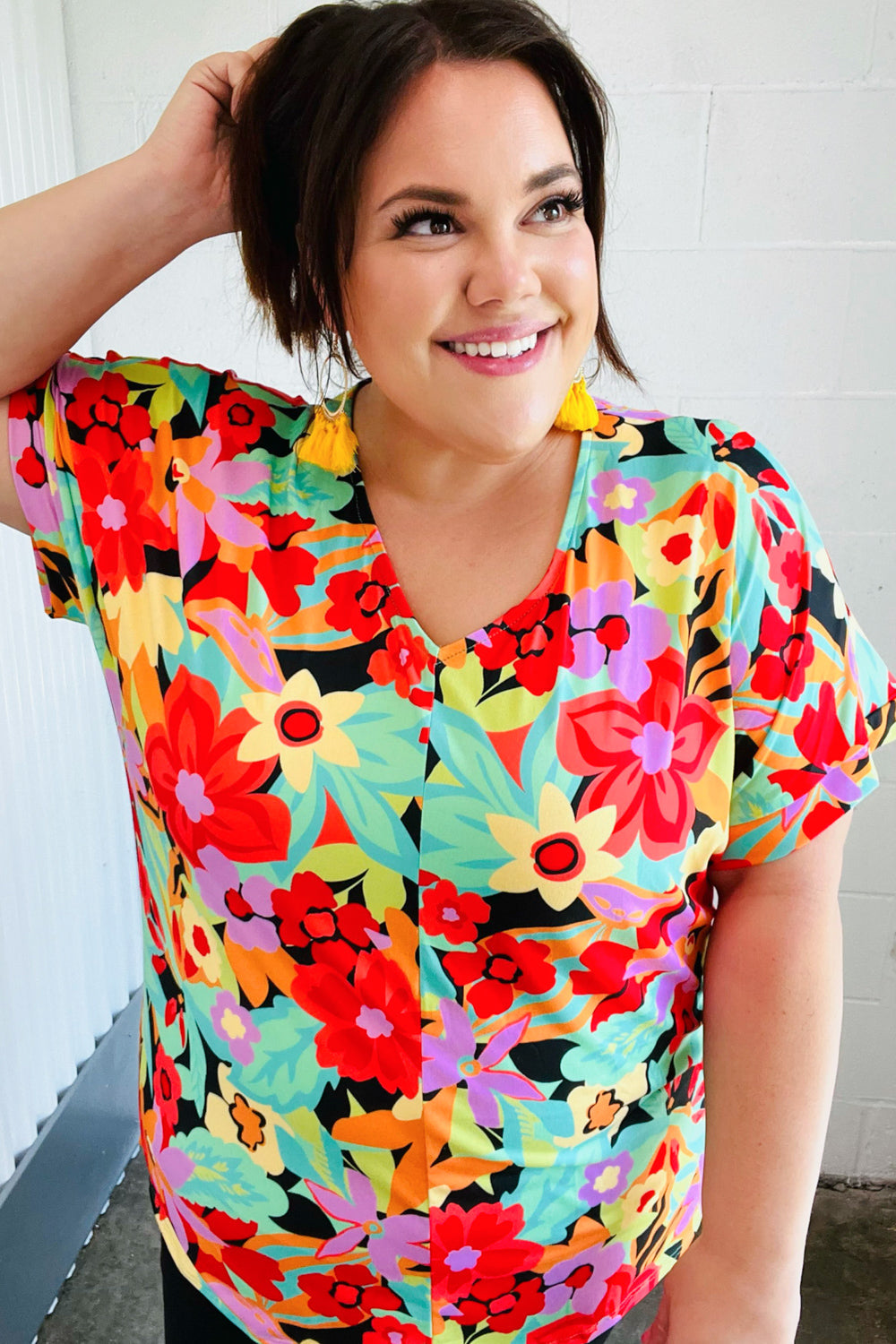 Stylish Multicolor Tropical Floral Print V-Neck Drop Shoulder Blouse for Women | Summer Beach Vacation & Boho Outfit Essential
