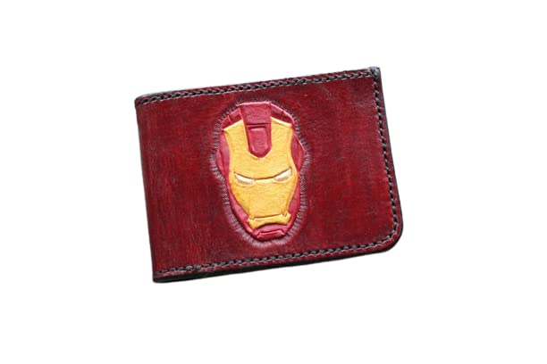 Ironman Men's 3D Genuine Leather Wallet with Money Clip - Handmade Carved & Tooled Leather Bifold Wallet - Custom Airbrush Art Personalized Gift for Dad, Husband, Boyfriend - Perfect for Everyday Use, Travel & Special Occasions