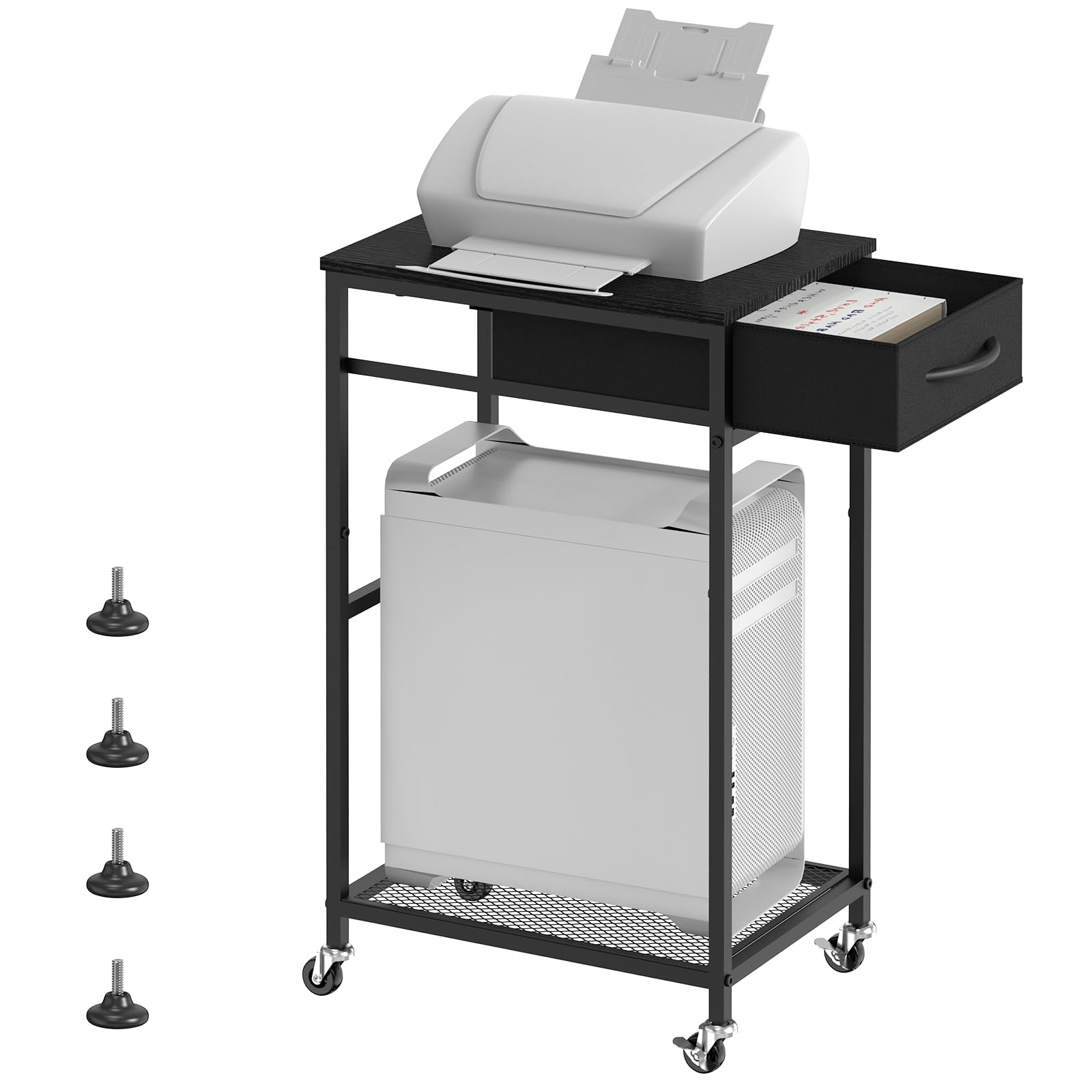 CADUKE 2 Tier PC Stand - Black Computer Tower Stand with Fabric Drawer & Wheels, Modern Printer Stand for Office & Home Use, Under Desk Organizer for Study Room & Gaming Setup