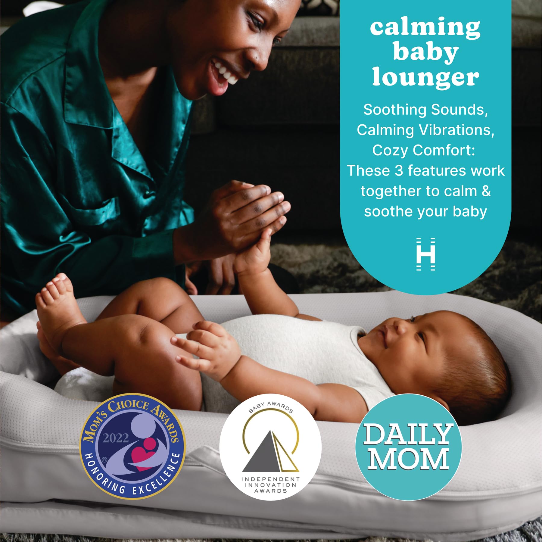 Homedics 3-in-1 Calming Baby Cushion with Soothing Sound & Vibration - Safe Cordless Rechargeable Cuddler for Newborns & Infants - Machine Washable Gray - Perfect for Nursery, Travel & Soothing Fussy Babies