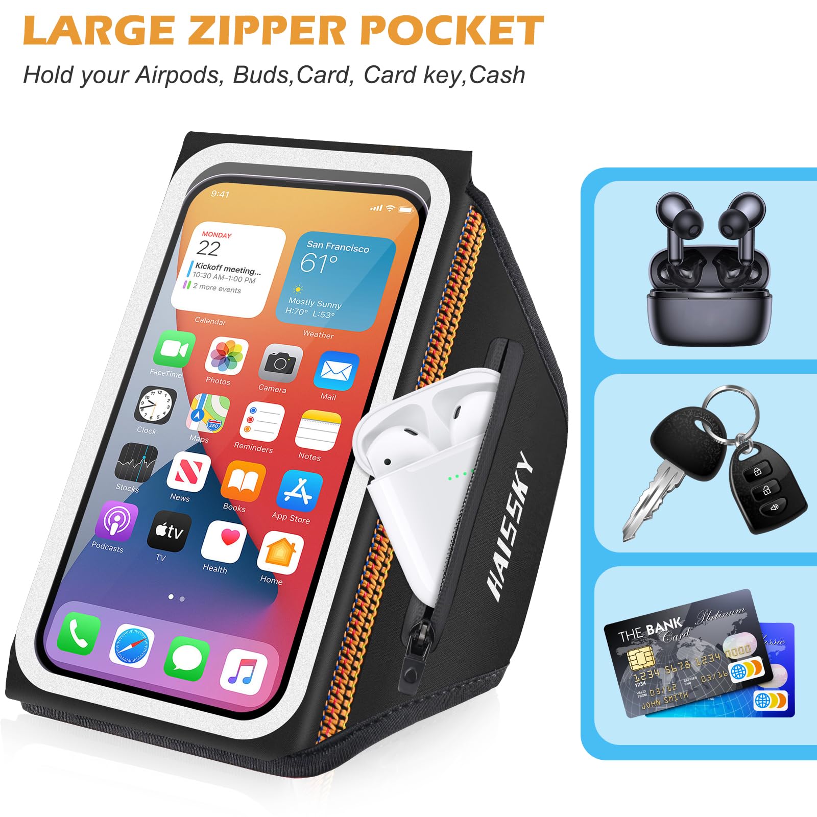 3D Running Phone Armband with Earphone Holder - Water Resistant Sports Armband for iPhone 16/15/13 Pro/Plus & Samsung S24/S20 (Fits 6.9