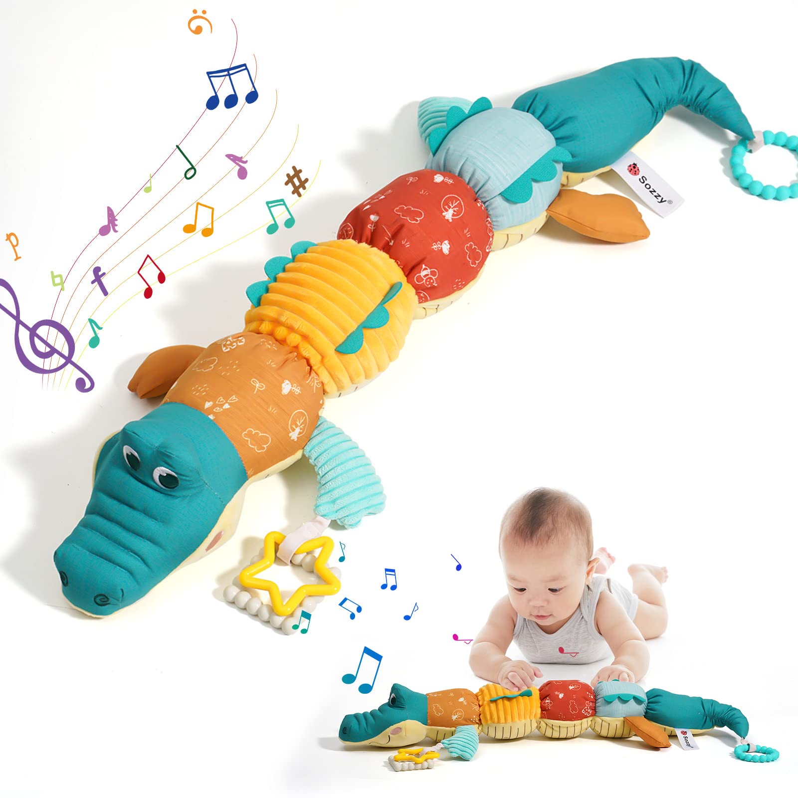 Best Tummy Time Toys for Babies 0-6 Months - Musical Stuffed Animal with Rattle, Multi-Textures & Ruler Design - Alligator & Crocodile Infant Toys for 0-12 Months - Perfect for Sensory Play, Early Development & Newborn Bonding