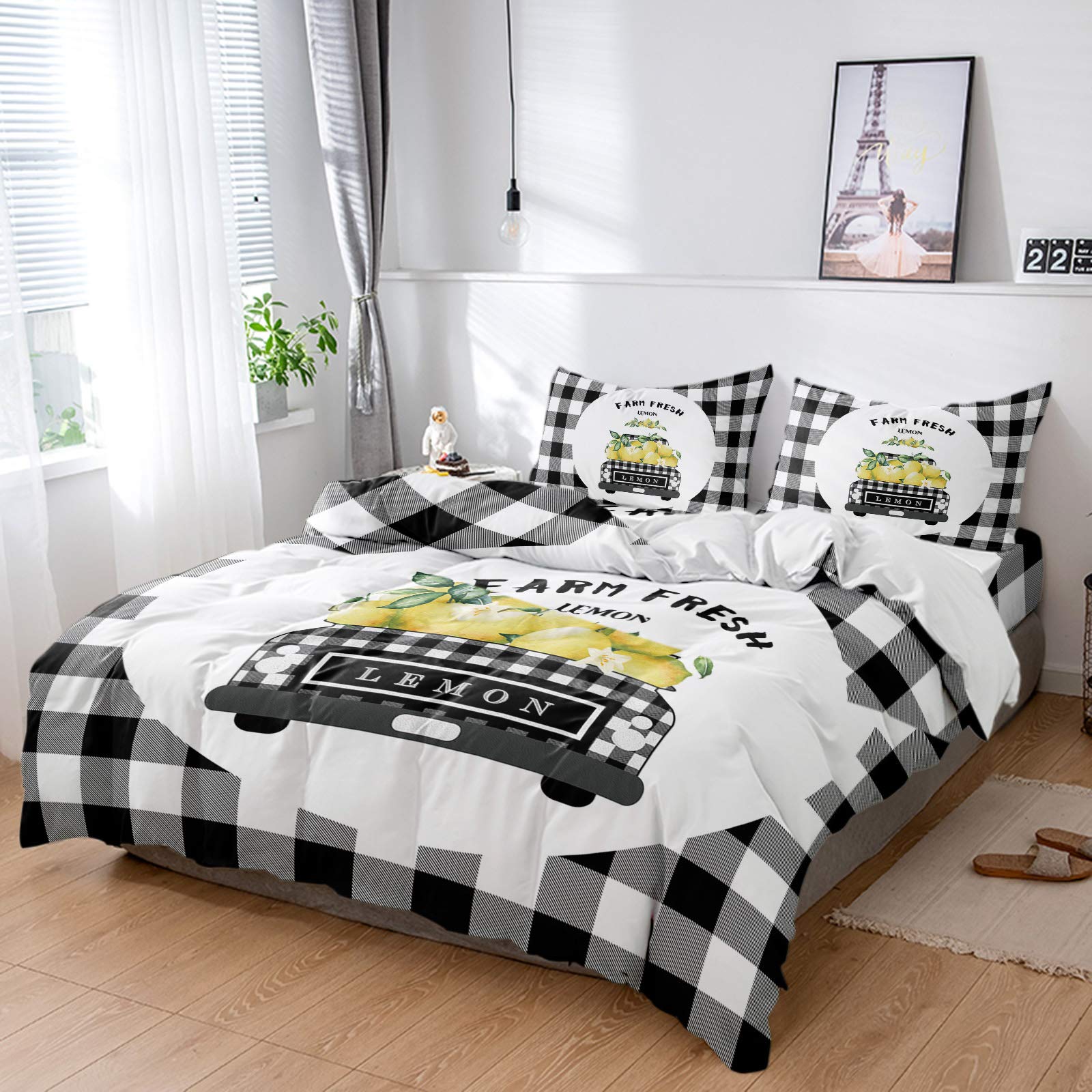 LAMANDA 4-Piece Full Size Duvet Cover Set - Truck Farm Lemon Black Buffalo Plaid Ultra Soft Bedding with 2 Pillowcases | Floral Lattice Breathable Quilt Cover for All Seasons | Perfect for Farmhouse, Rustic & Country Style Bedrooms
