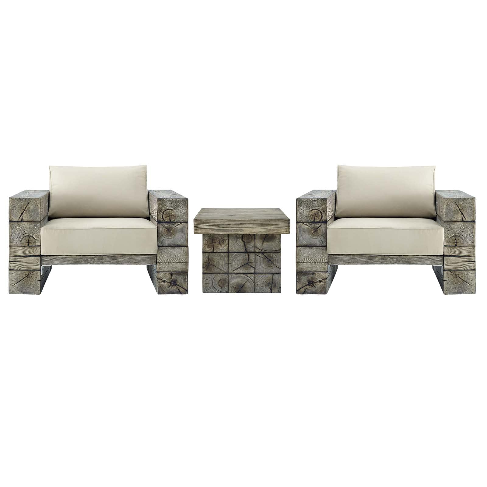 Modern Outdoor Lounge Chair Table Set with Sunbrella Fabric & Simulated Wood in Grey, Gray, Beige – Perfect for Cafe, Bistro, and Patio Relaxation