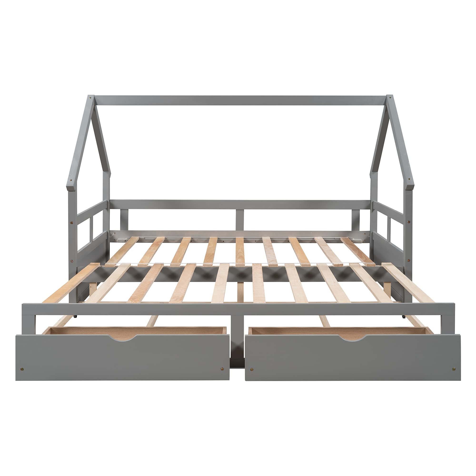Wooden House-Shaped Daybed with Trundle & 2 Drawers - Kids & Teens Bed Frame with Roof - No Box Spring Needed - Gray - Perfect for Bedrooms, Playrooms & Sleepovers