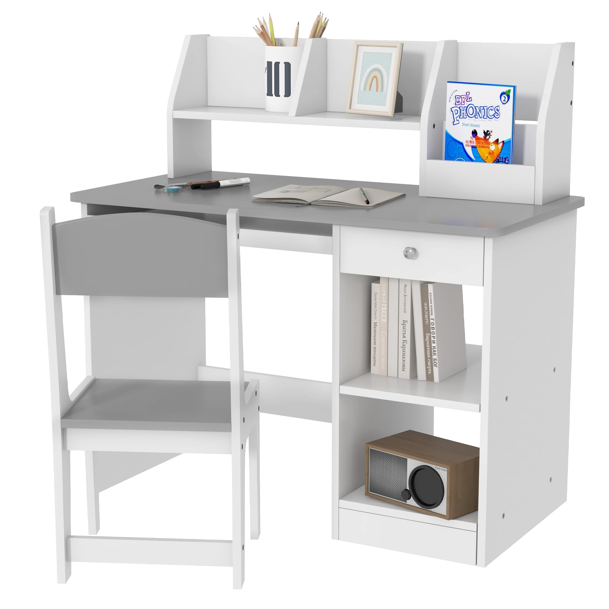 Qaba Kids Study Desk and Chair Set with Storage - Adjustable Height Children's Desk for Ages 5-8 - Gray - Perfect for Homework, Drawing & Learning Activities