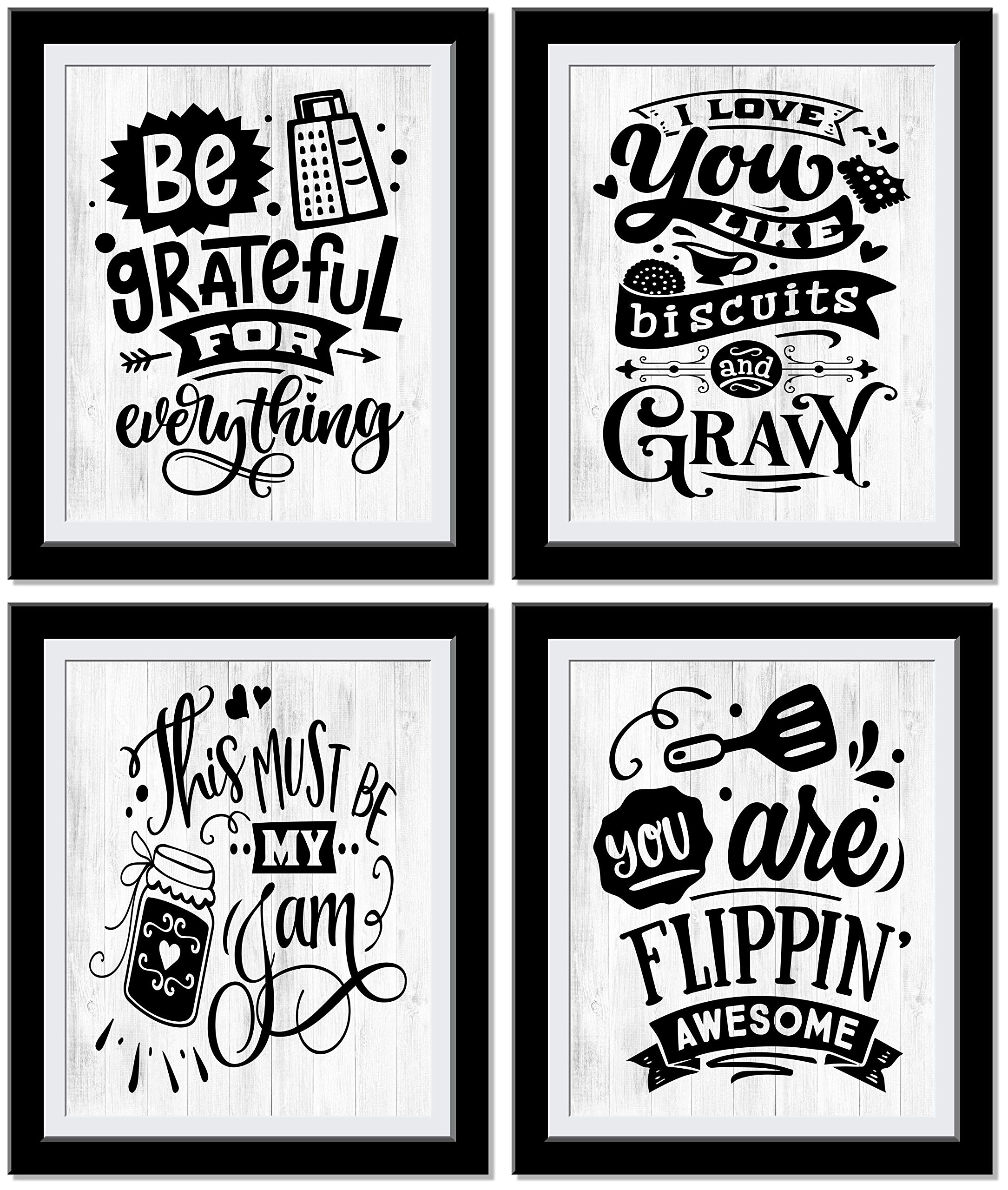 Funny Kitchen Signs Set of 4 - Motivational Wall Decor for Kitchen with Inspirational Quotes (Be Grateful, Flippin Awesome, Love is my Jam) - 8x10 Unframed Prints - Perfect for Home Decor, Housewarming Gifts & Kitchen Wall Art