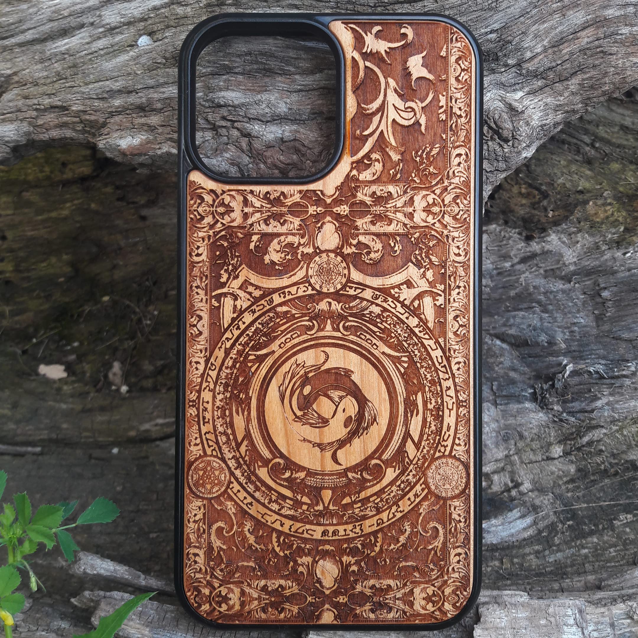 Yin Yang Koi Fish Laser Engraved Wood Phone Case for iPhone 16/15/14/13/12/11 Pro Max Mini & Galaxy S25/S24/S23/S22/S21/S20 Ultra Plus - Eco-Friendly Slim Durable Wooden Cover - Perfect for Nature Lovers & Zen Style Protection