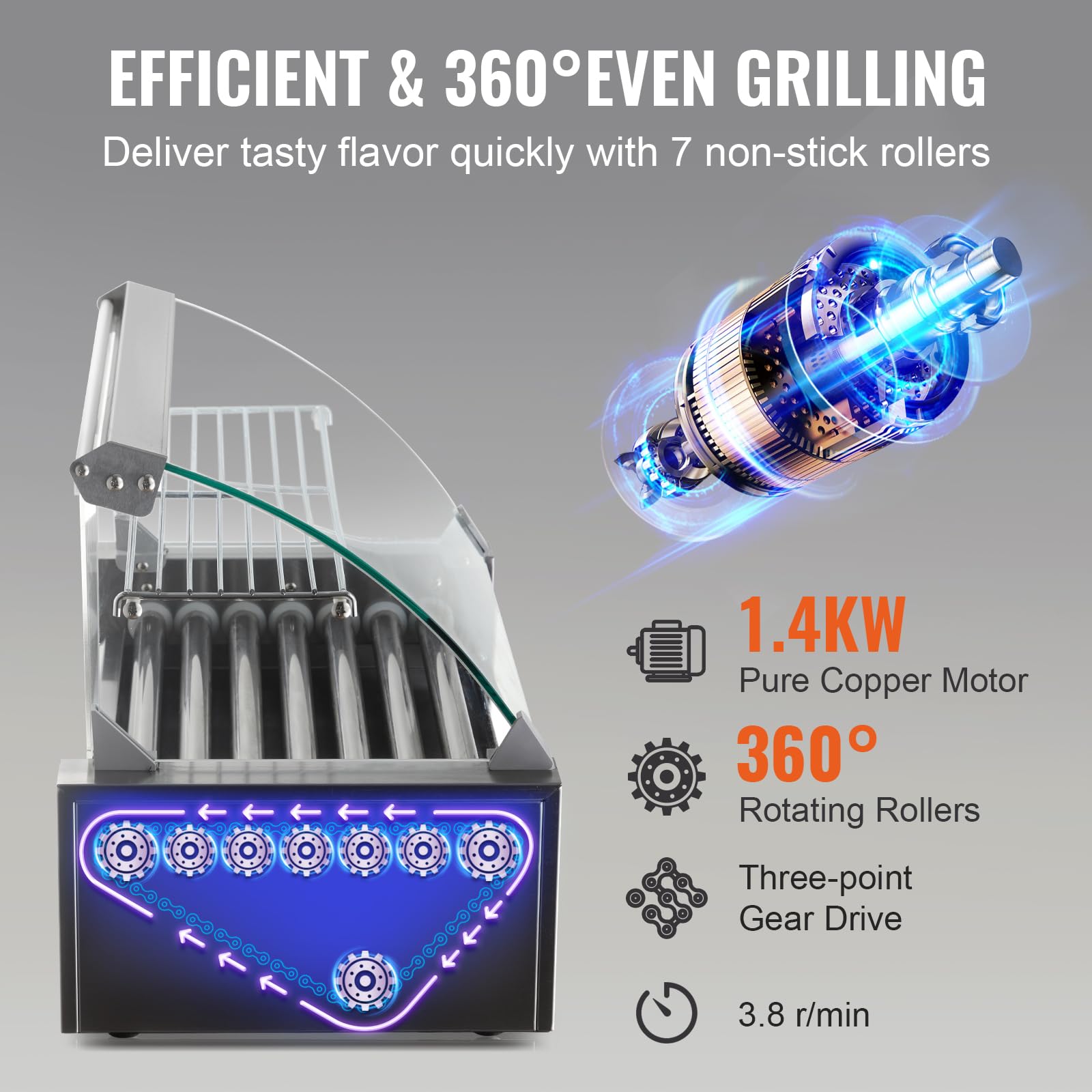 VEVOR 7-Roller Commercial Hot Dog Machine - 18 Hot Dogs Capacity, 1050W Stainless Steel Sausage Grill with Dual Temperature Control, Glass Hood & Bun Warmer - Perfect for Restaurants, Food Trucks, and Outdoor Events - ETL Certified