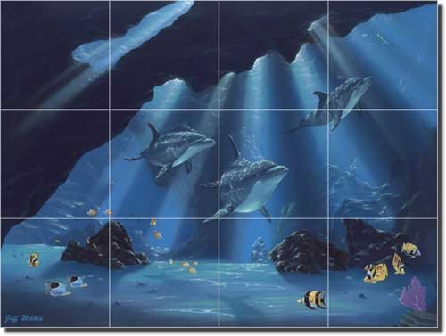 Jeff Wilkie Undersea Dolphins Ceramic Tile Mural 12.75