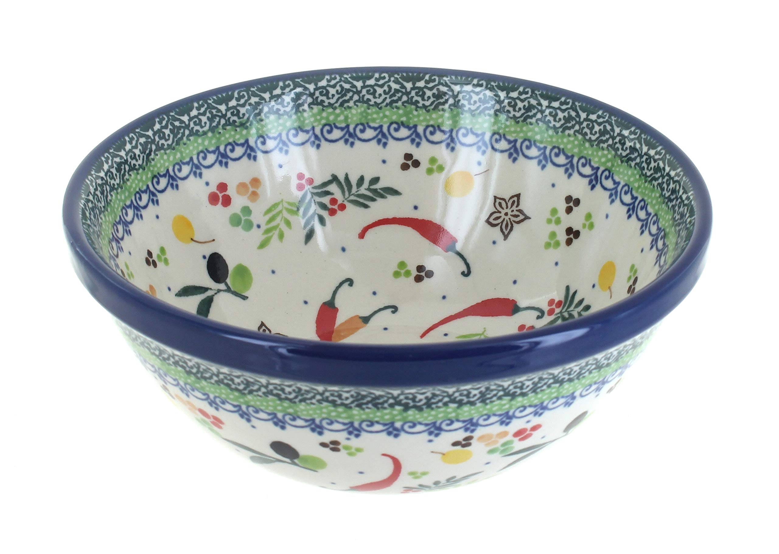 Handmade Blue Rose Polish Pottery Bowl - Red Chili Pepper Design Ceramic Soup & Cereal Dish - Perfect for Kitchen, Dining Room & Gift Giving