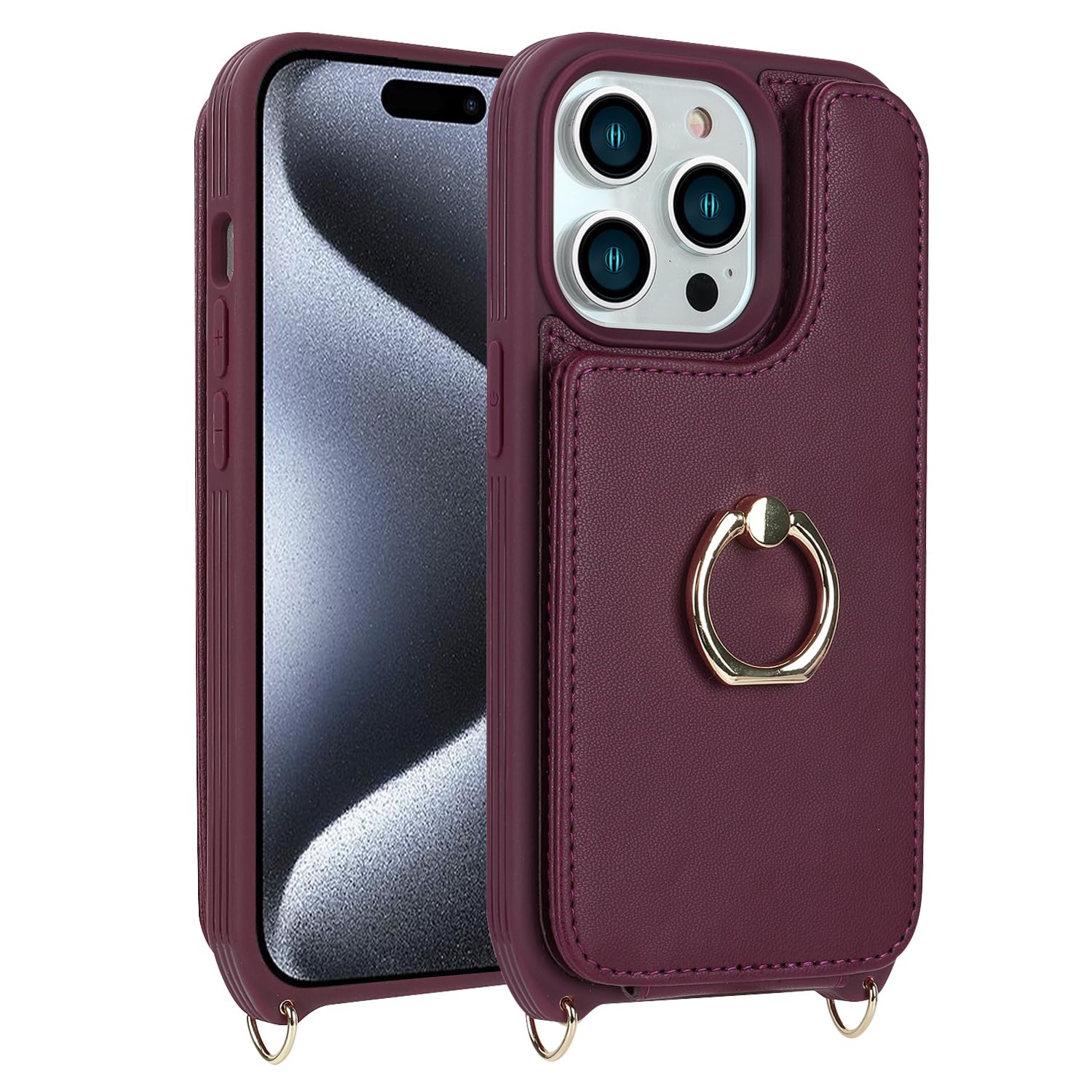 Premium iPhone 15 Pro Max Case with Card Holder & Wrist Strap - 6.7 Inch Wallet Phone Cover with Crossbody Lanyard, Ring Stand & Snap Clasp for Women (Wine Red) | Perfect for Travel, Shopping & Everyday Use