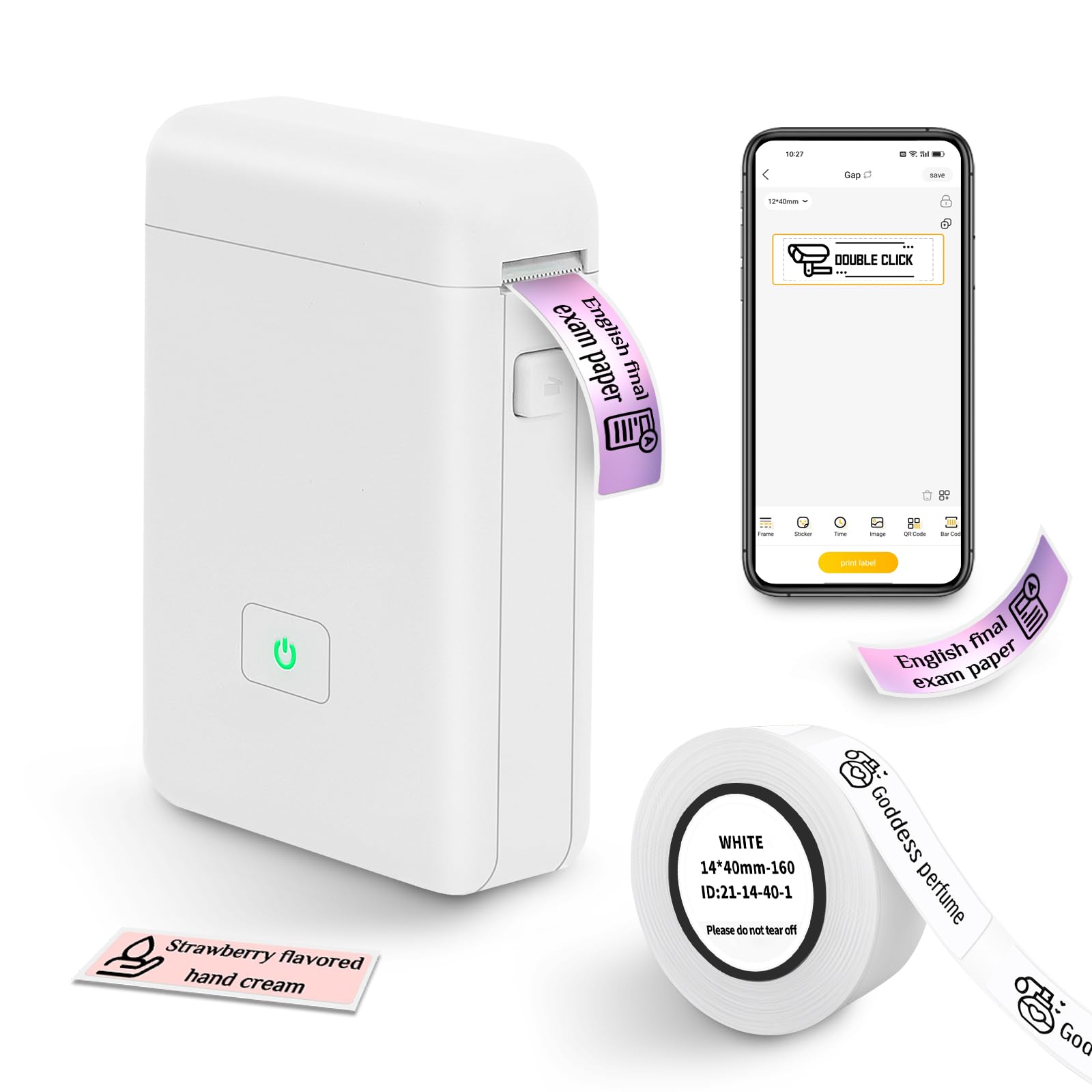 Vretti HP2 Portable Bluetooth Label Maker Machine with Tape - Wireless Mini Sticker Printer for Home Office, Storage Organization, Shipping Labels & Barcodes - Includes Multiple Templates (White) | Perfect for Pantry Organization, File Sorting & Package Labeling