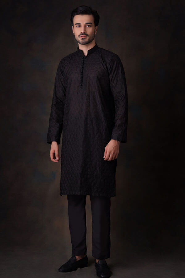 Jet Black Honeycomb Embroidered Cotton Sheer Kurta and Waistcoat Set for Women | Elegant Indian Ethnic Outfit | Perfect for Festivals, Weddings & Special Occasions