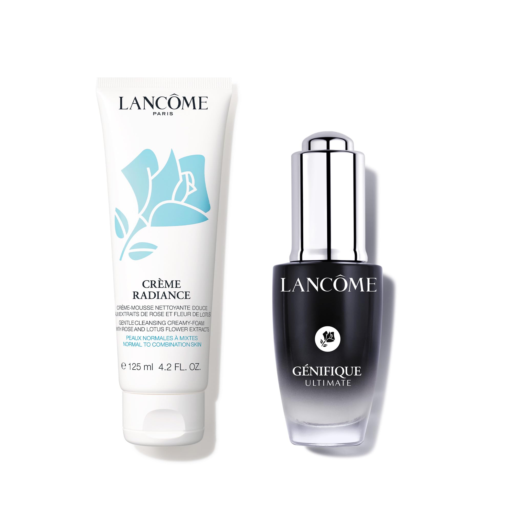 Lancôme Radiant Nightime Skincare Set - Créme Radiance Cream-to-Foam Cleanser 4.2oz & Génifique Ultimate Dual Recovery Serum 0.67oz | Anti-Aging Night Routine for Glowing Skin