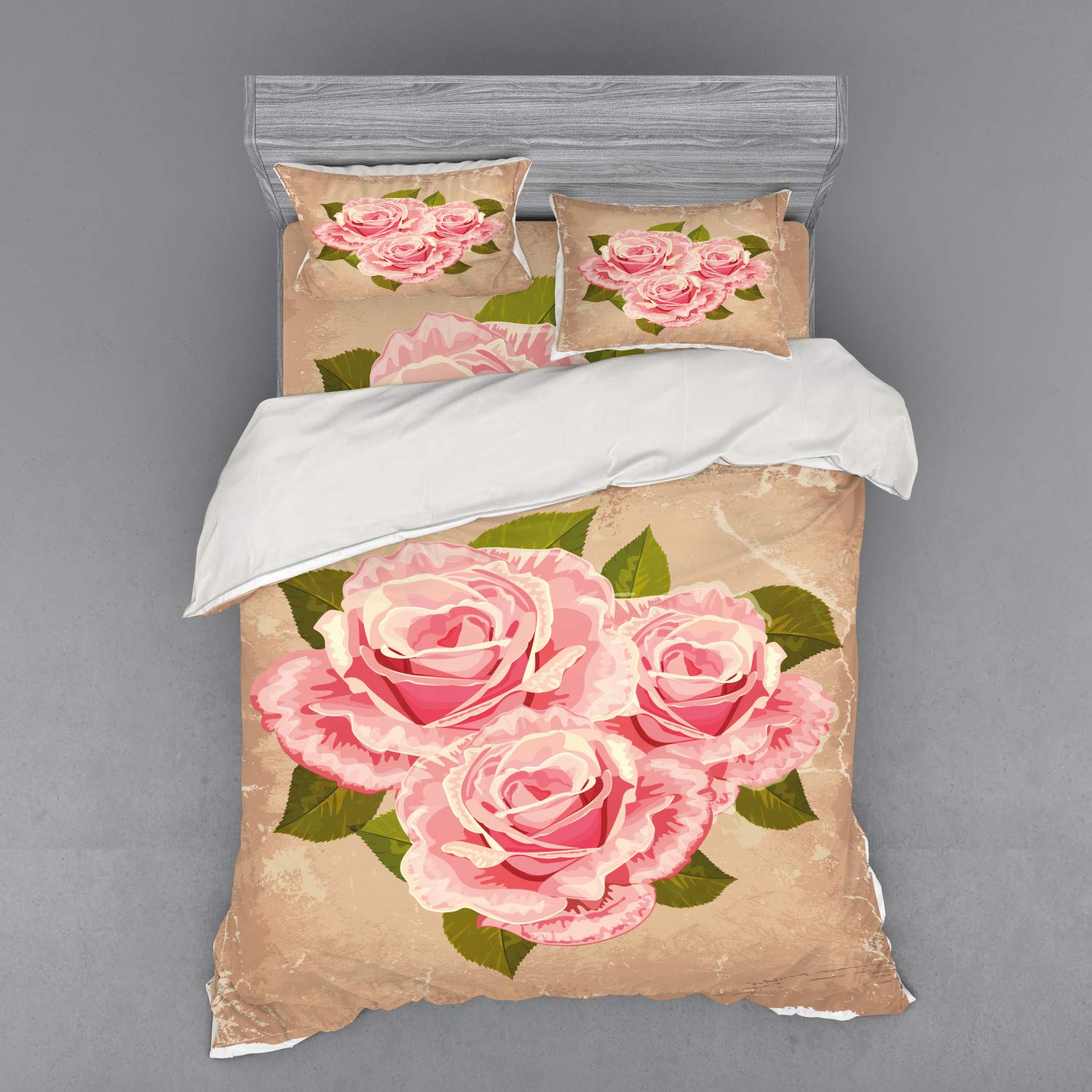 Ambesonne Rose Floral Duvet Cover Set - 4 Piece Queen Size Bedding with Shams & Fitted Sheet, Pink Rose Bouquet Retro Design in Tan Pale Pink Green Colors for Romantic Bedroom Decor | Perfect for Master Bedroom, Guest Room, Valentine's Day Gift & Boho Chic Home Decor