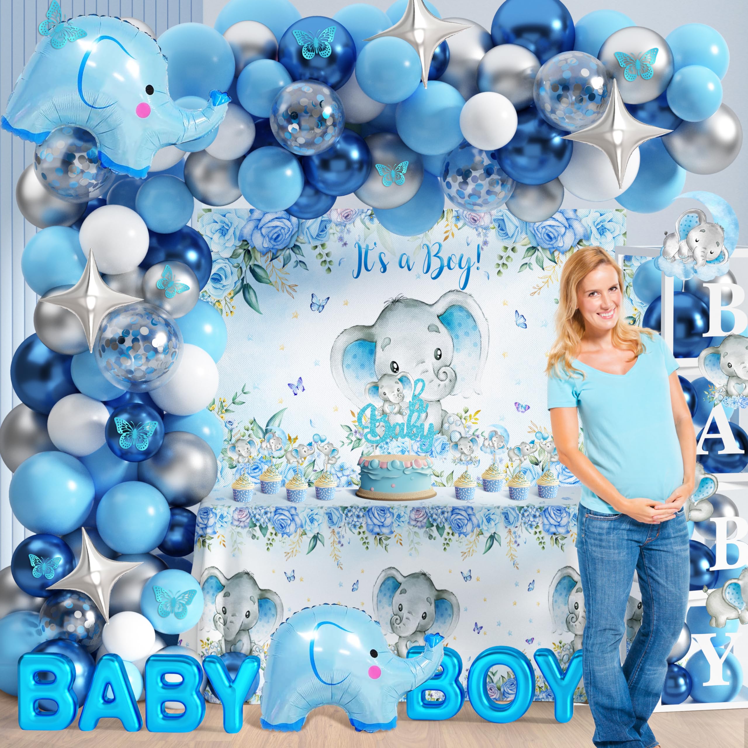 Adorable Elephant Baby Shower Decorations for Boys - Elephant Theme Birthday Party Supplies with Balloon Garland, Backdrop, Tablecloth & Cake Toppers | Perfect for Baby Shower, Gender Reveal & Nursery Decor