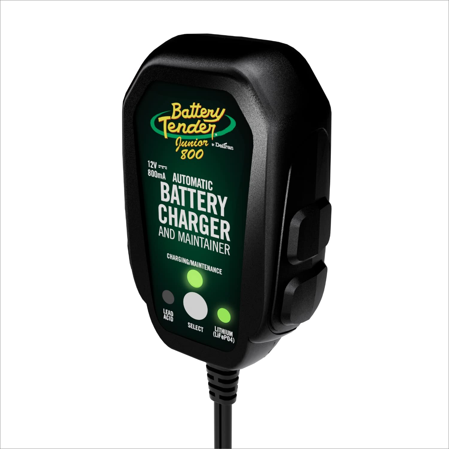 Battery Tender Junior 12V 800mA Smart Battery Charger & Maintainer for Lead Acid & Lithium Batteries - Automatic Switchable Charger for Motorcycle, ATV, Boat & Powersports - 022-0199-DL-WH - Perfect for Winter Storage & Seasonal Vehicle Maintenance