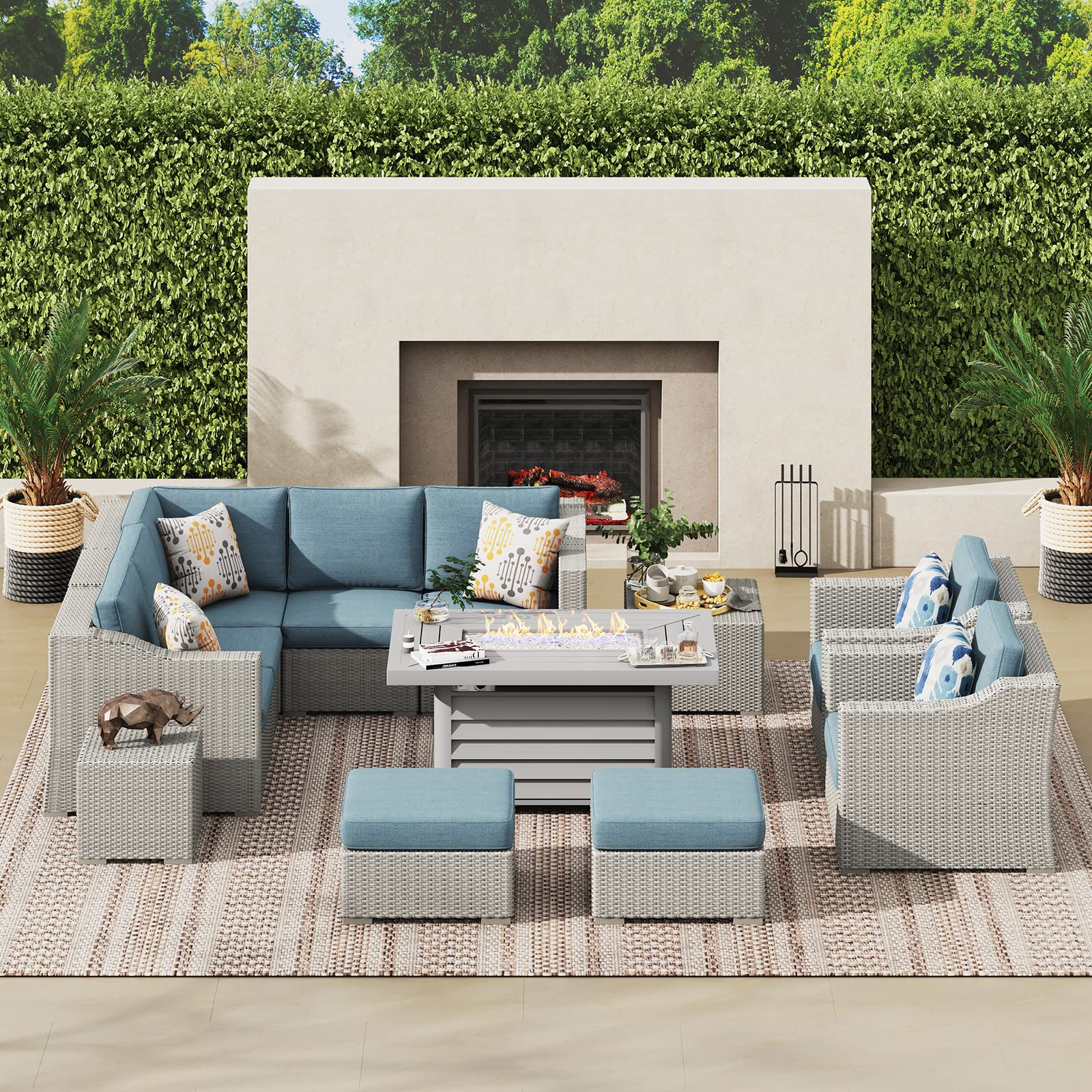 12-Piece Large Outdoor Patio Furniture Set - 9-Seater All-Weather Wicker Conversation Set with Fire Pit Table (52