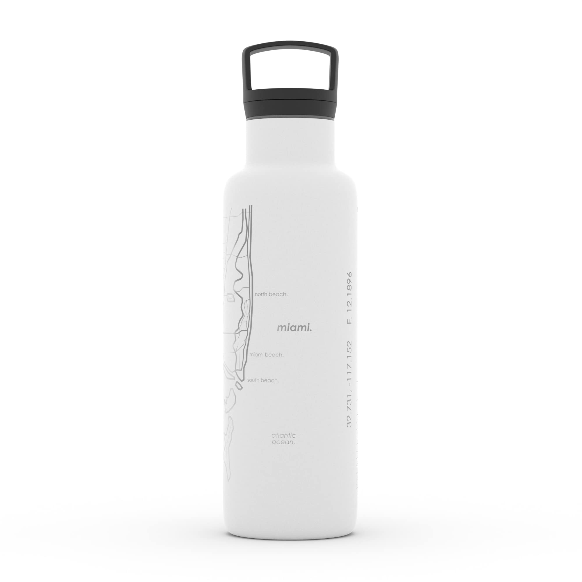 Personalized Engraved Miami Florida Map Stainless Steel Insulated Water Bottle - 21oz White Travel Tumbler with Double Wall Vacuum Insulation for Hot & Cold Drinks - Perfect for Hiking, Camping, Beach & Office Use