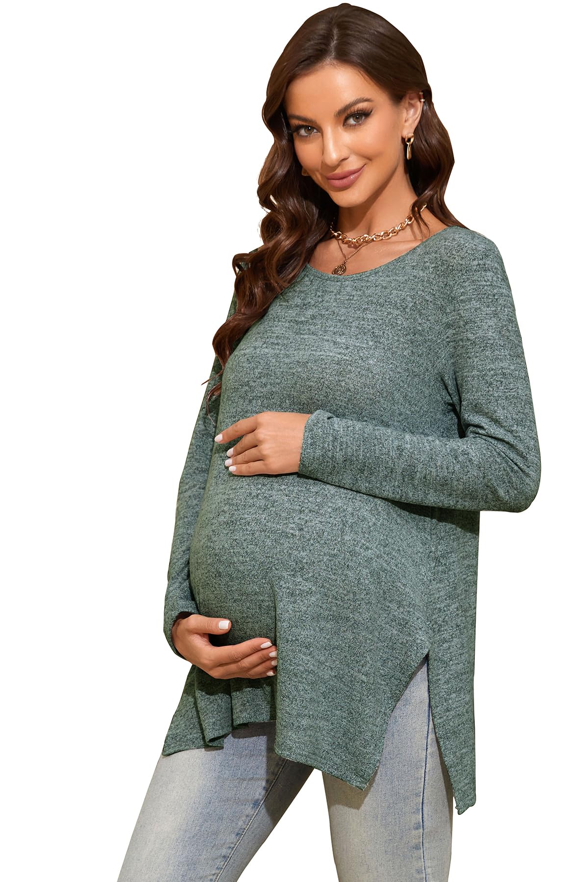 Smallshow Women's Maternity Shirts - Side Split Long Sleeve Pregnancy Tops for Comfort & Style | Perfect for Work, Casual Wear & Nursing | Soft Stretchy Fabric for Expecting Moms