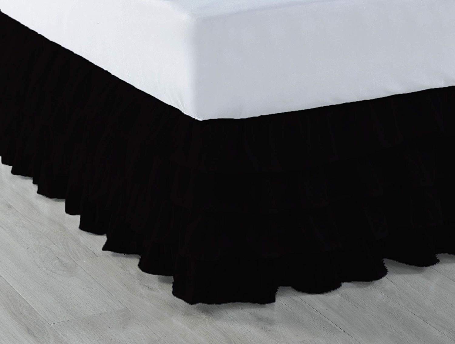100% Egyptian Cotton Ruffled Bed Skirt with 4-Tier Layers - 8 Inch Drop Split Corner Design for Queen Size Beds (Black Solid) | Perfect for Luxurious Bedroom Decor & Hotel Style Makeover