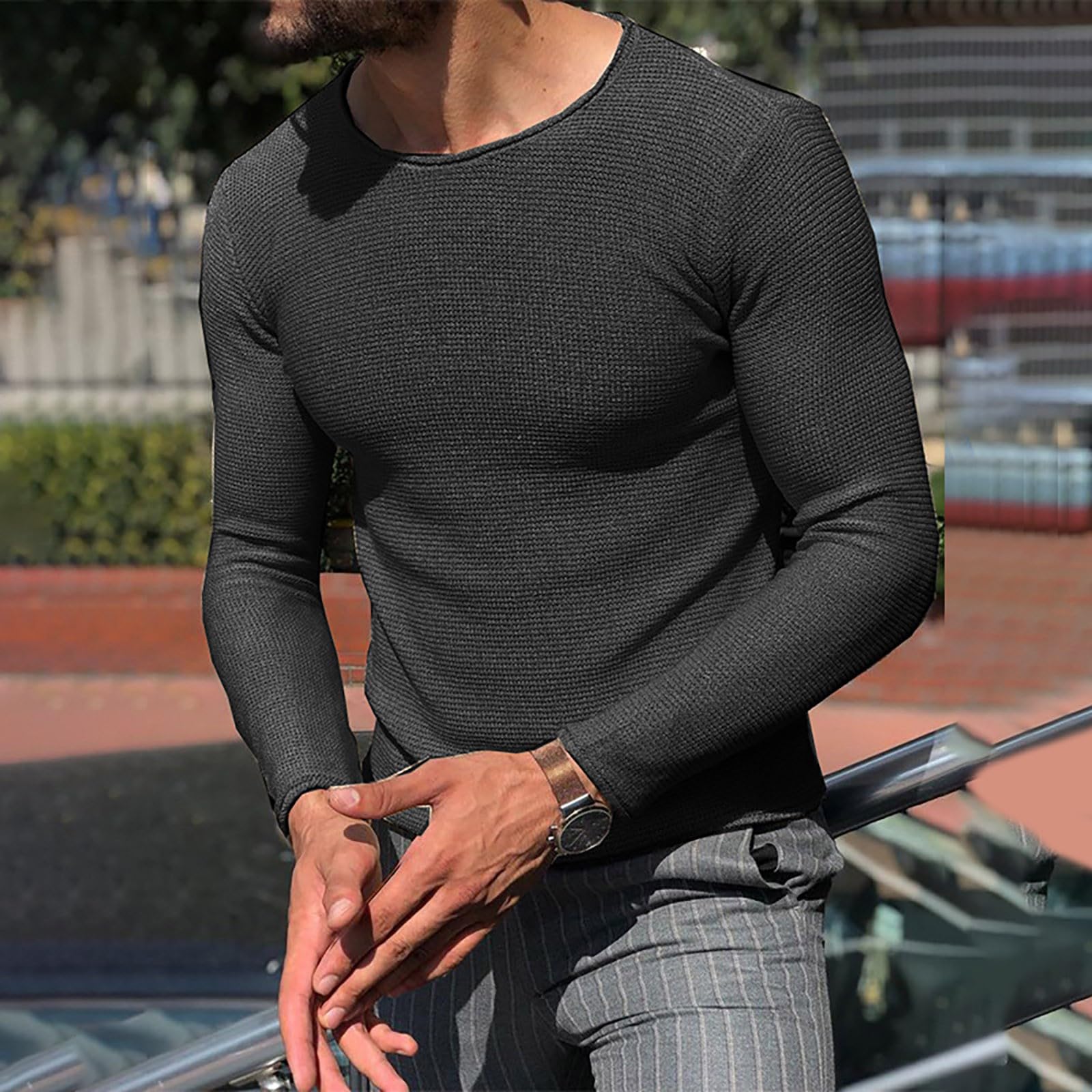 Men's Thermal Long Sleeve Shirt - Waffle Knit Crewneck Slim Fit Base Layer - Stretchy Pullover T-Shirt & Sweater for Winter, Outdoor Activities & Casual Wear