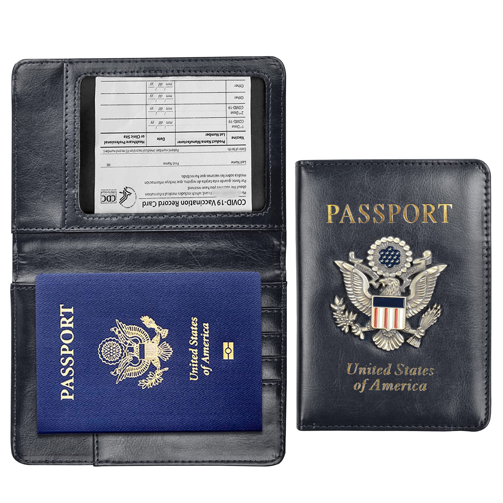 Premium Leather Passport Holder & CDC Vaccine Card Wallet Combo - RFID Blocking Travel Document Organizer for Secure International Trips and Health Records Protection