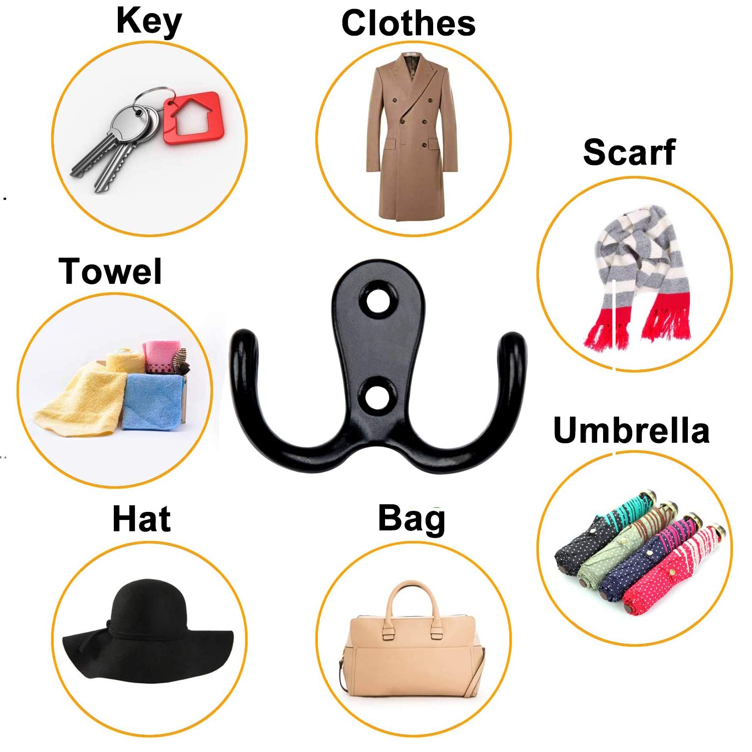 12 Pack Double Wall Hooks - Vintage Metal Coat Hooks with 48 Screws - Heavy Duty Retro Hooks for Bathroom, Kitchen, Closet & Entryway Organization (Black)