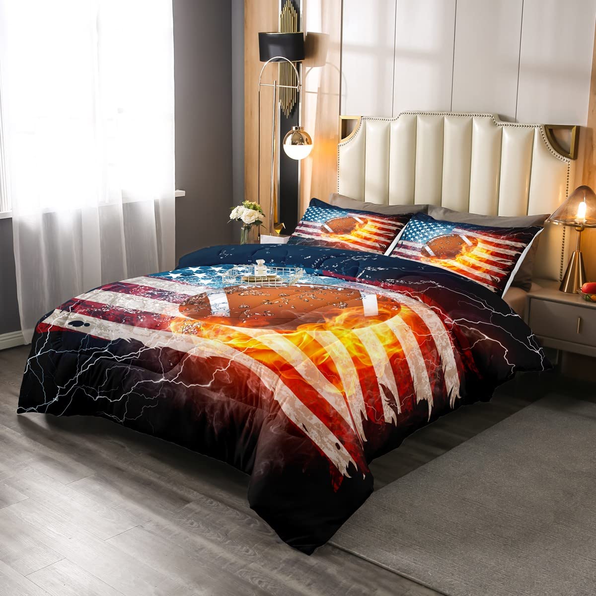 Boys American Football Comforter Set - USA Flag Down Comforter Queen Size, Soccer Sports Bedding for Kids Teens Adults - Geometric Stripes Retro Duvet Cover in Blue White & Red - Perfect for Game Day, Dorm Room & Sports Themed Bedrooms