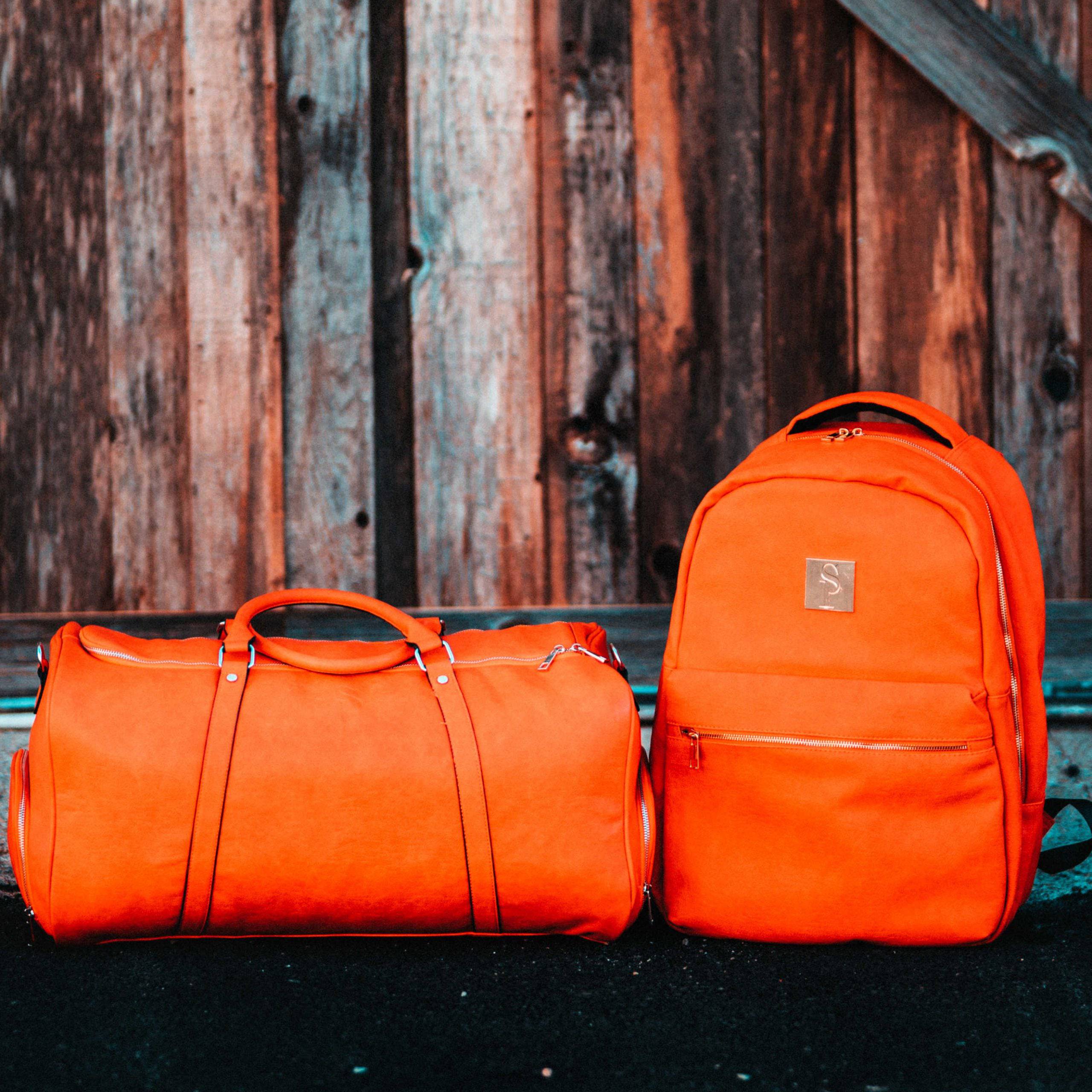 Premium Orange Tumbled Leather 2-Piece Travel Set - Commuter Backpack & Duffle Bag for Work, Gym & Weekend Getaways | Water-Resistant & Durable